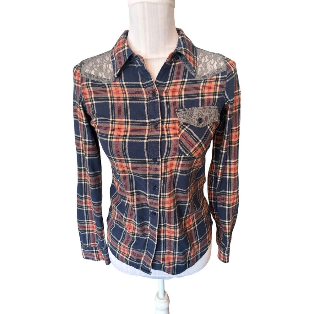 Girl Crazy Blue & Orange Plaid Flannel Lace Accents Size S
